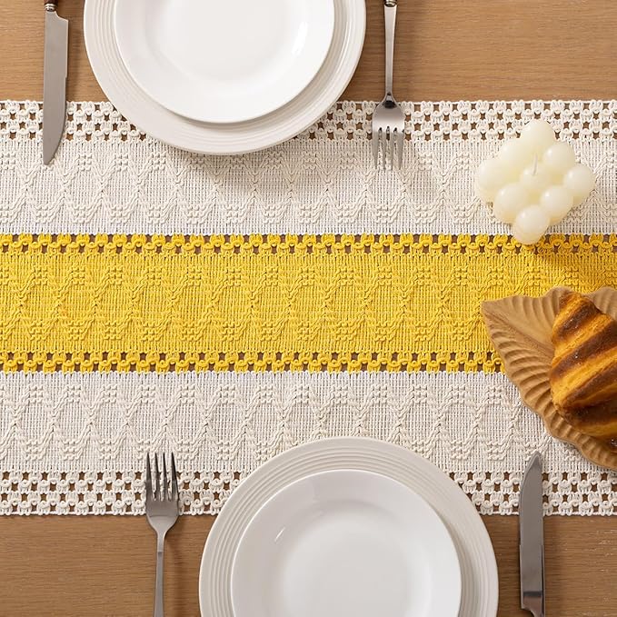 Socomi Boho Table Runner Easter Spring Farmhouse Rustic Dining Kitchen Centerpiece Decor Small Macrame Woven Cotton Coffee Table Runner for Dresser Scarf Home Decor 12x60 in Yellow Gold Ivory