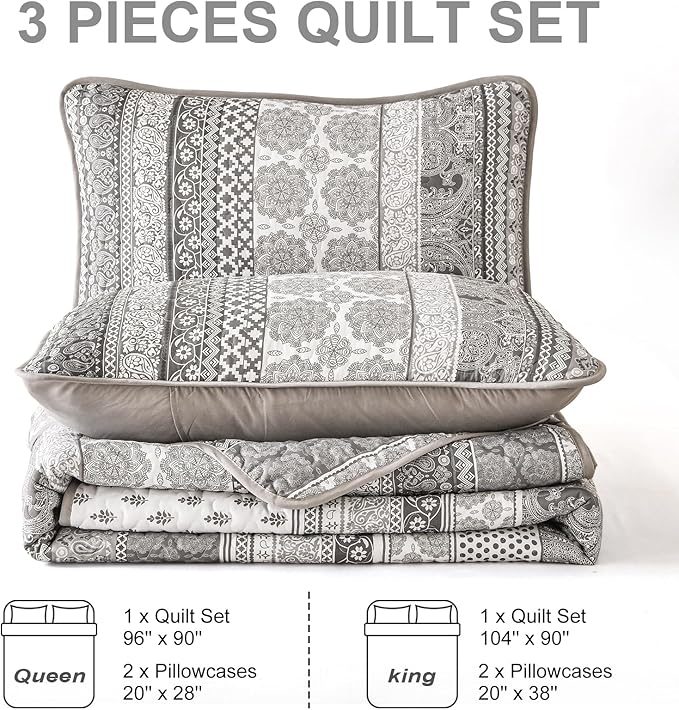 WONGS BEDDING Boho Quilt Set King Size, Gray Bohemian 3 Pieces Quilt Sets, Grey Lightweight Bedspread Coverlet Bedding Set for All Season (104"x90")