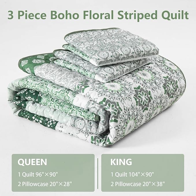 WONGS BEDDING Green Quilt Set Queen Size,Boho Striped Patchwork Bedspread Set,3 Pieces Microfiber Bedding Set for All Seasons (96"x90")