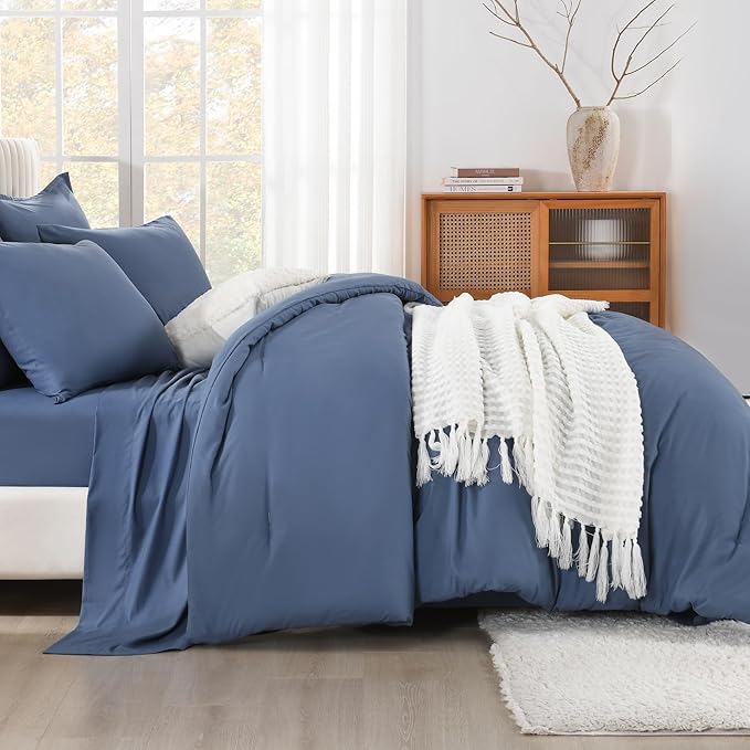 Litanika Queen Comforter Set Ocean Blue - 7 Pieces Bed in a Bag Queen Bedding Comforter Sets, Solid Lightweight Bed Set with Comforter, Sheets, Pillowcases & Shams