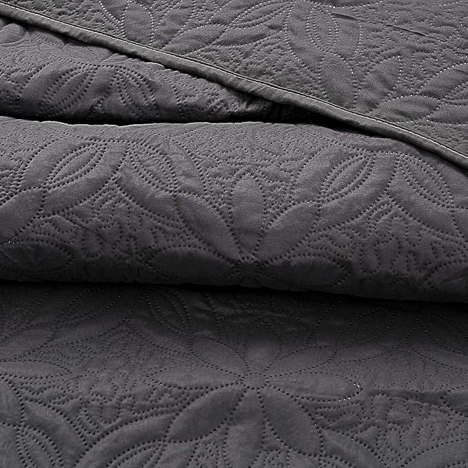 JML Quilts Set, Bedspread Coverlet Set with Pillowcases - 3 Piece Soft and Lightweight Bed Quilt for Spring, Autumn and Summer (Embossed Pattern - Dark Grey, Full/Queen(88"x92"))
