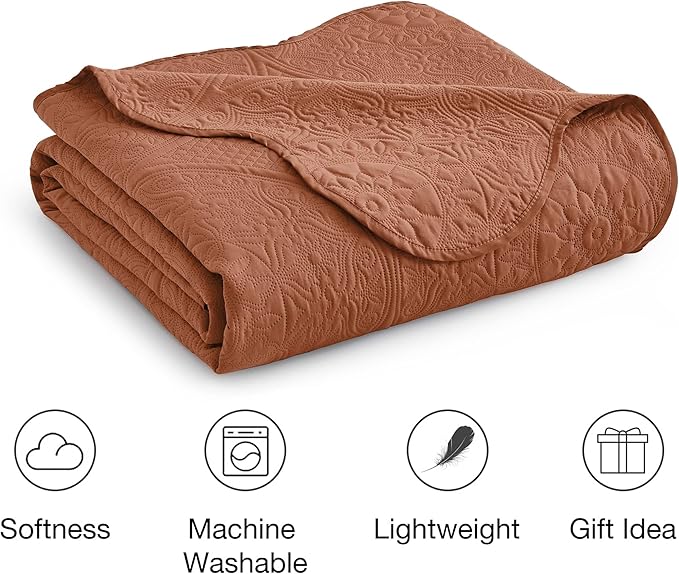 MOONLIGHT20015 Twin Quilt Bedding Set Size (66" x 86 ") + 1 Pillow Shams (20" x 26" + 2") - 2 Pcs All Season Lightweight Reversible Microfiber Coverlet Floral Embossed Quilt Bedspread (Rust)