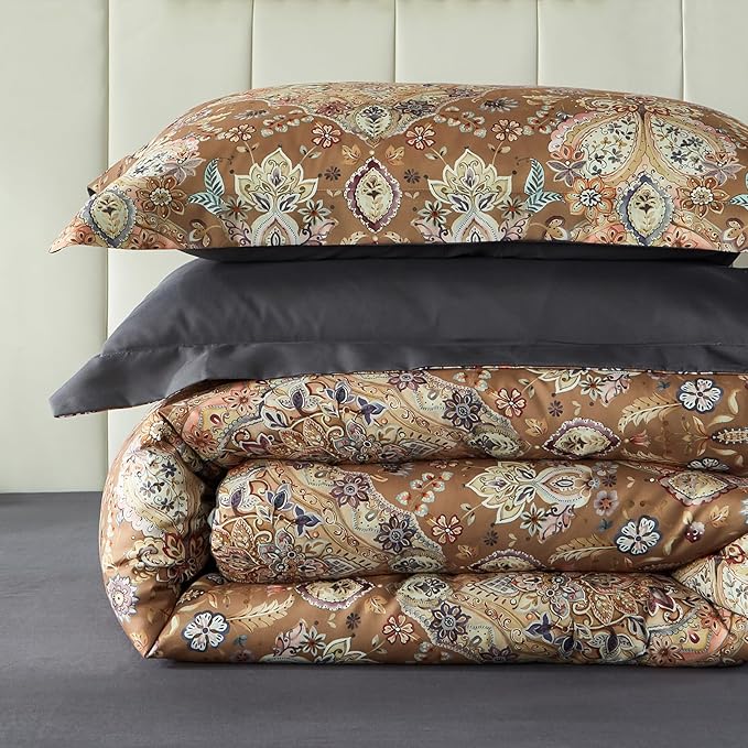 Cupocupa King Duvet Cover Set - 3pc Boho Paisley Floral Bedding - Vintage Botanical Leaf Print Soft Microfiber - All-Season Breathable Quilt Cover with Zipper & Corner Ties (King, 104"x90")
