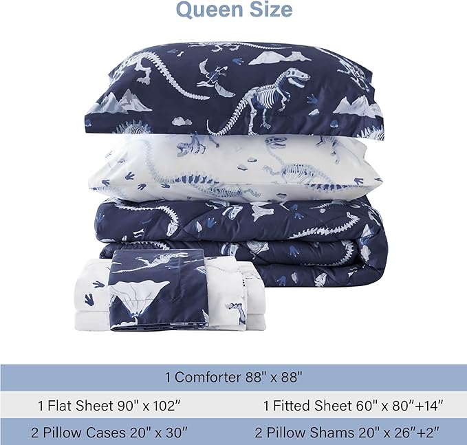 Blue Dinosaur Queen Comforter Set for Boys, 7 Pieces Kids Bedroom Bedding with Sheets and Pillowcase, Super Soft Lightweight for All Season, Machine Washable