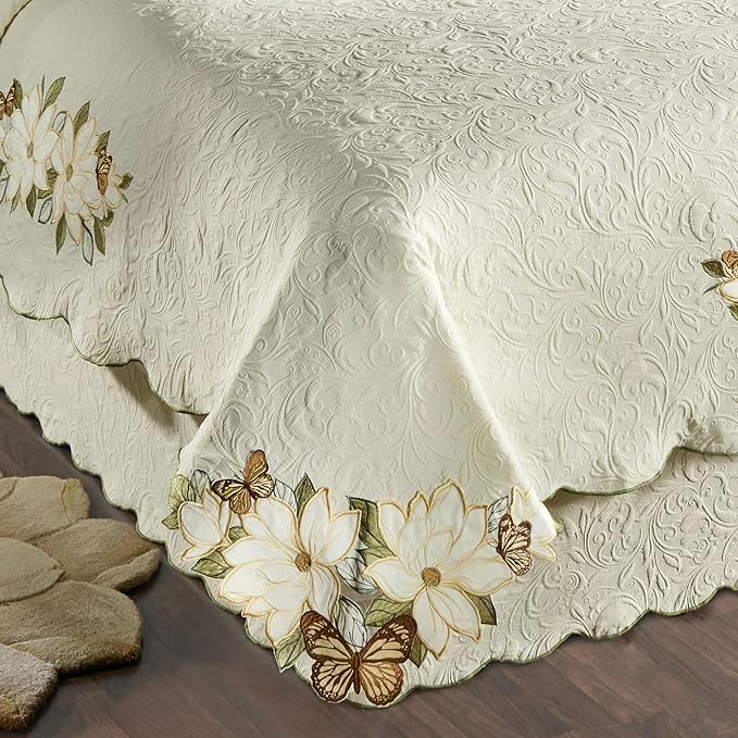 Sweetbay Garden Luxury Matelasse Bedding | Magnolia, Butterfly, & Leaf Velvet Appliques | 4-Pc Ivory Textured Scroll Lightweight Bed Set: Oversized California King Coverlet, Bedskirt, and 2 King Shams