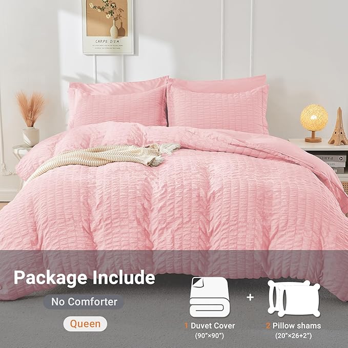HYMOKEGE Pink Duvet Cover King Size, Ultra Soft 3-Piece Seersucker Duvet Cover Set with Zipper Closure, Soft Brushed Microfiber Bedding Set with 8 Corner Ties (104"x90", 2 Pillowshams)