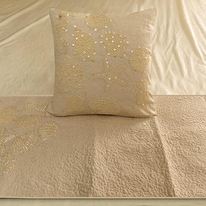 The HomeCentric King Queen Twin Beige Handmade CA King 86"x18" Bed Runner Without Pillow Cover, Pearl Embroidery Bed Scarf on Linen Fabric - Off to The Sea