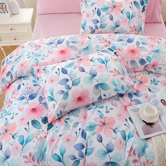 MUXHOMO Pink Blue Branch Bed in a Bag King 7 Pieces, King Comforter Set Reversible Botanical Flowers Design, Ultra Soft & Breathable Bedding Sets with Comforter, Sheets, Pillowcases & Shams