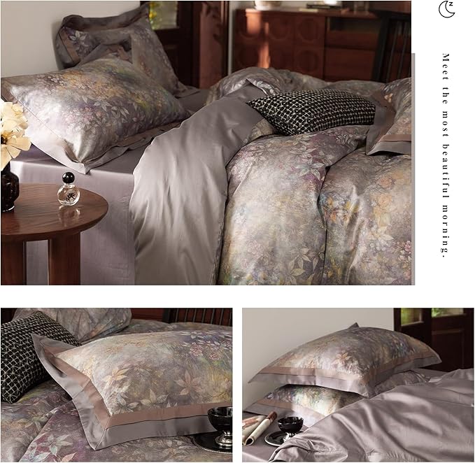mixinni Vintage Floral Duvet Cover Set - King Size, 100% Long Staple Cotton Percale, Reversible Purple Floral Bedding Set with Zipper Closure, 3-Piece Luxury Duvet Cover with 2 Pillow Shams (20"x36")