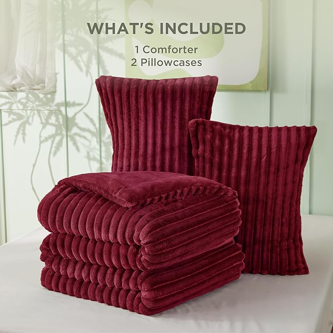 Bedsure King Size Comforter Set - GentleSoft™ 3 Pieces Fluffy Double-Side Fleece Comforter Set, Cozy Striped Room Decor Aesthetic, Luxury Red King Bedding with 2 Pillowcases, 104x90 Inches