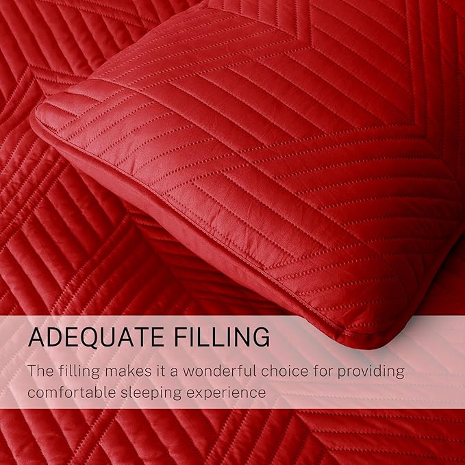 Exclusivo Mezcla Ultrasonic Twin Quilt Bedding Set, Lightweight Red Bedspreads Soft Modern Geometric Coverlet Set for All Seasons (1 Quilt and 1 Pillow Sham)