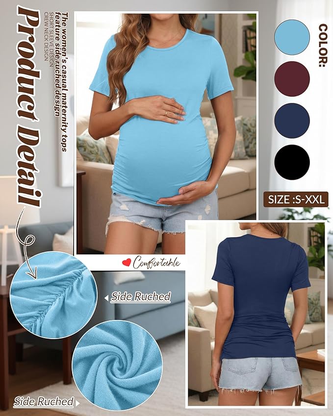 Huukeay 4 Pack Women's Maternity Shirts, Crew Neck Maternity Top Short Sleeve Casual Cotton Tee Side Ruched Pregnancy Clothes