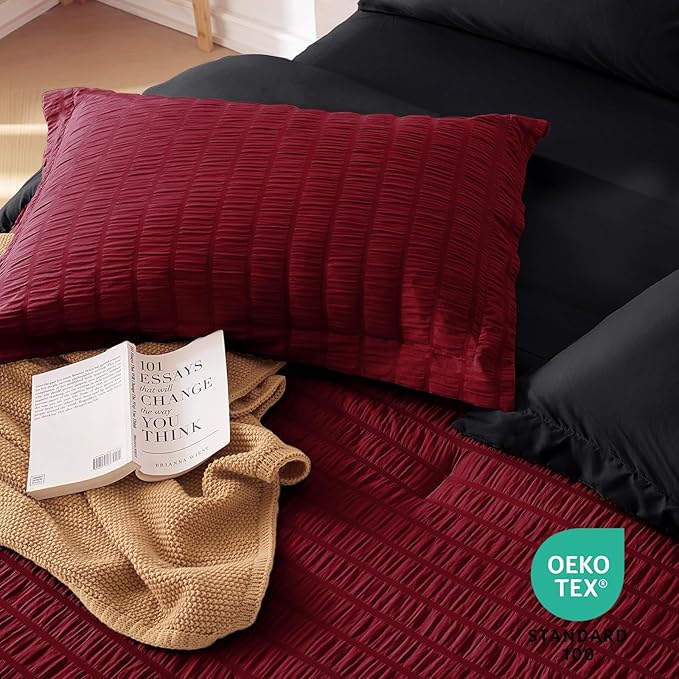MUXHOMO 7 Pieces King Comforter Set, Seersucker Bed in a Bag King Size, All Season Luxury Bedding Set with Comforter, Flat Sheet, Fitted Sheet, Pillowcases & Shams, Red & Black