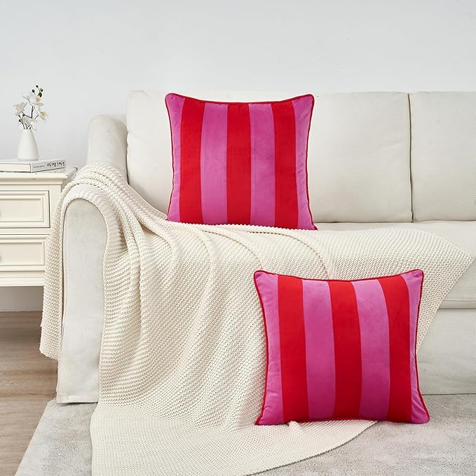 MONDAY MOOSE Decorative Throw Pillow Covers Cushion Cases, Set of 2 Soft Velvet Striped Piping Edge Designs, Pillow Inserts Not Included (20x20 inch, Hot Pink/Red)