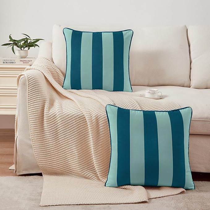 MONDAY MOOSE Decorative Throw Pillow Covers Cushion Cases, Set of 2 Soft Velvet Striped Piping Edge Designs, Pillow Inserts Not Included (22x22 inch, Blue/Light Blue)