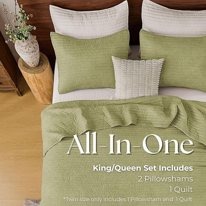 DOWN HOME King Quilt Bedding Set with Shams, Vintage Washed Soft Quilted Blanket Thin Comforter Lightweight Bedspread Coverlet Bed Cover, Brushed Microfiber Stripe Stitching, Golden Olive, 104"x90"