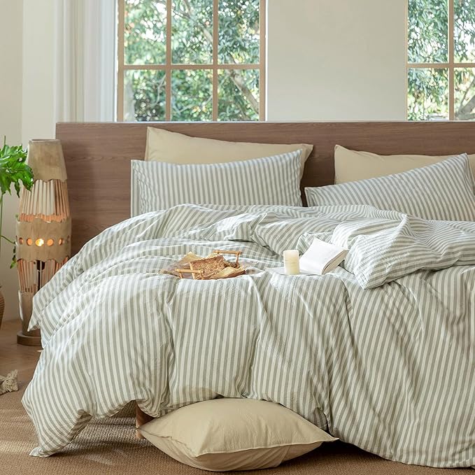 MooMee Striped Duvet Cover Set 100% Washed Cotton Linen Like Textured Breathable Durable Soft Comfy (Sage Green White Classic Stripes, Full 80"x90")