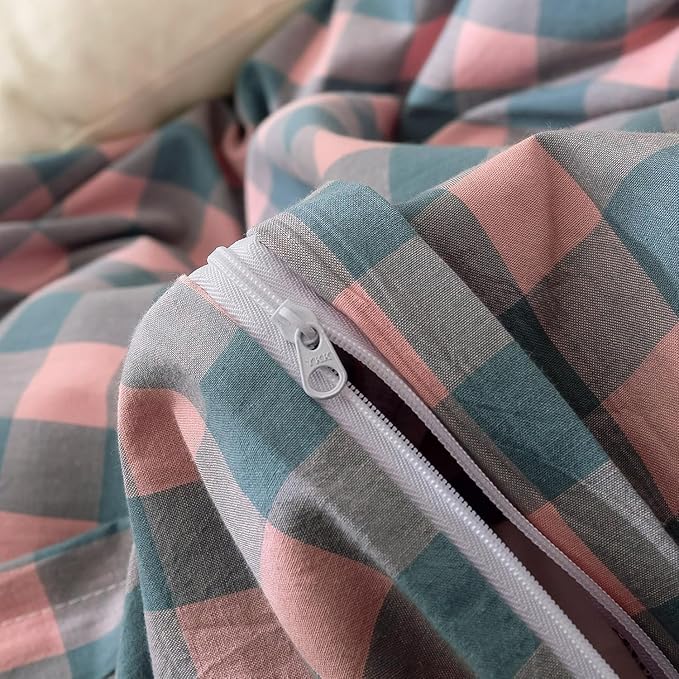 mixinni Plaid Duvet Cover Set King Purple - Soft Washed Cotton Modern Geometric Bedding Set with 2 Pillowcases, Pink Blue Gingham Grid King Duvet Cover for Men & Women, Soft & Lightweight