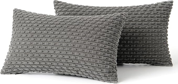 MIULEE Pack of 2 Decorative Lumbar Throw Pillow Covers 12x20 Inch Soft Boho Striped Textured Corduroy Pillow Covers Modern Farmhouse Home Decor for Couch Bed Sofa Living Room Dark Grey