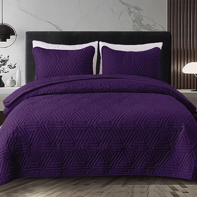 Whale Flotilla Soft California King Size Quilt Set for All Seasons, 3-Piece Ultrasonic Bedding Set, Lightweight Reversible Bedspread, Coverlet, Bed Cover with 2 Pillow Shams, Purple