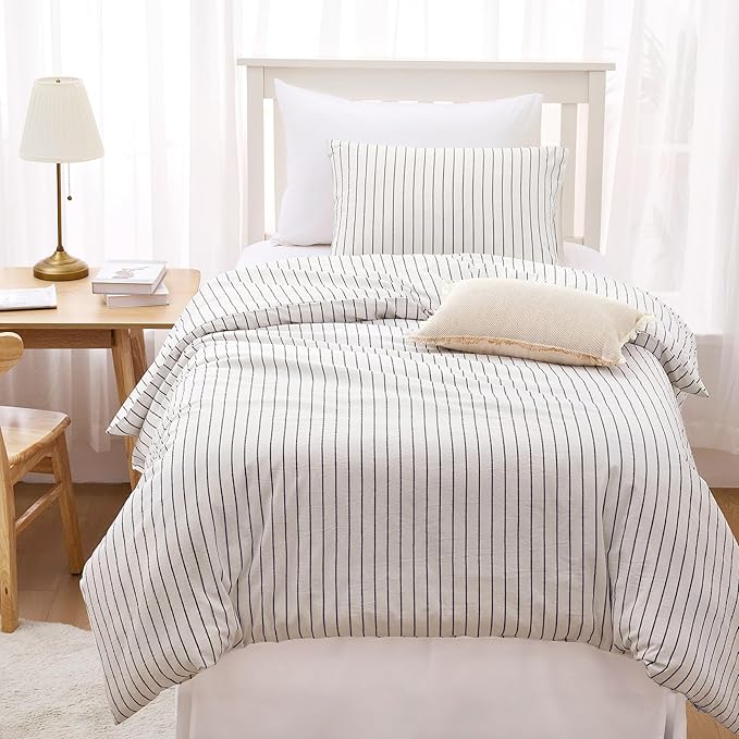Wake In Cloud - Striped Cotton Duvet Cover Set, Ticking Stripe Vertical Pinstripe Farmhouse, 100% Washed Cotton Textured Percale Bedding Set, 3 Pieces, White, Twin Size
