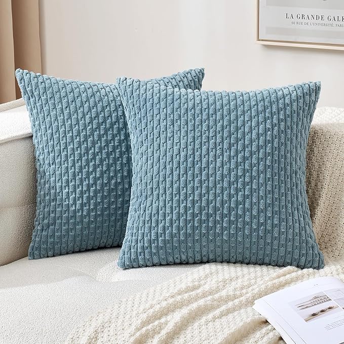 MIULEE Pack of 2 Decorative Throw Pillow Covers 20x20 Inch Soft Boho Striped Textured Corduroy Pillow Covers Modern Farmhouse Home Decor for Couch Bed Sofa Living Room Blue Grey