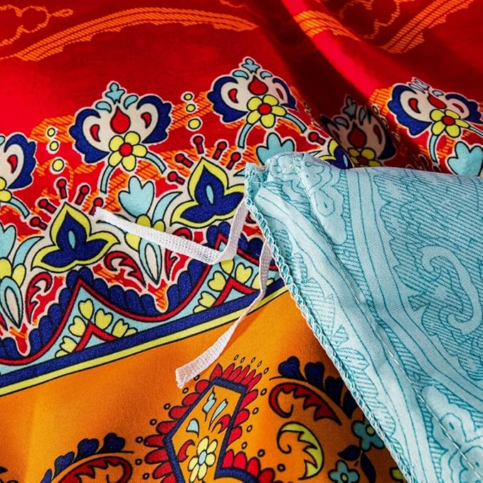 Bohemian Duvet Cover Set Queen Size Colorful Floral Boho Striped Bedding Set Soft Microfiber Double Duvet Cover Southwestern Indian Tribal Reversible Bedding Exotic Style Decor Boho Comforter Cover