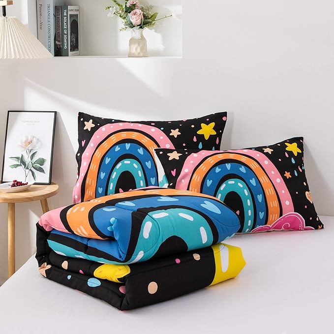Btargot Lightweight Soft 3 Piece Rainbow Comforter Set with 2 Pillow Covers, Cartoon Love Hearts Flowers and Sun Moon Star Bedding Set for Girls Boys Kids, Queen Black