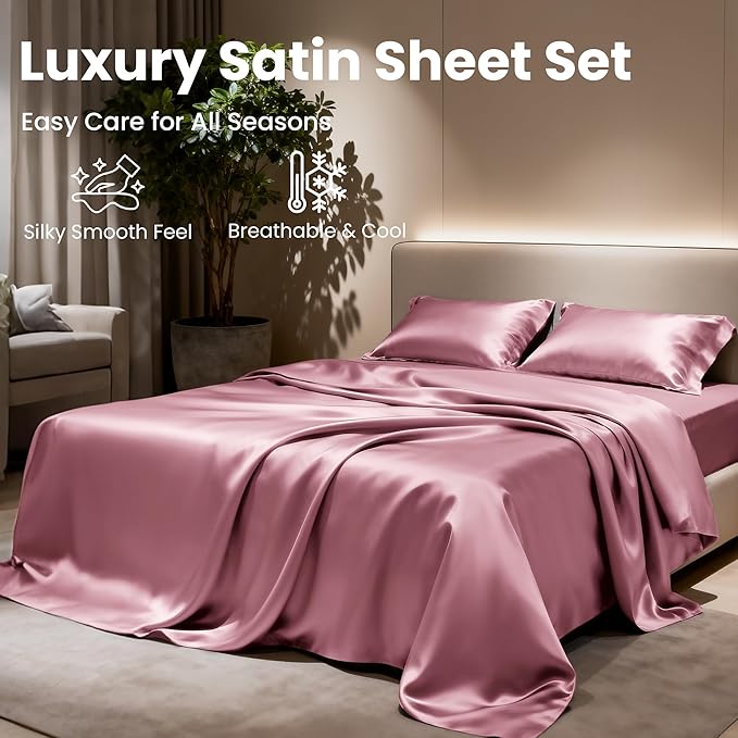 Love's cabin Satin Queen Sheets Set - 4 Piece Rose Taupe Silky Bed Sheets Set with Deep Pocket, Luxury Silk Feel Satin Queen Size Sheet Set (1 Flat Sheet,1 Fitted Sheet,2 Pillow Cases)