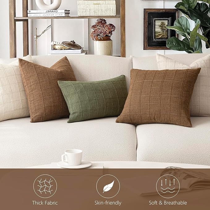 Foindtower Set of 2 Decorative Linen Check Throw Pillow Covers Neutral Farmhouse Vintage Cushion Covers Modern Boho Home Decor for Sofa Chair Couch Bedroom Living Room,22×22 Inch,Brown Hazel