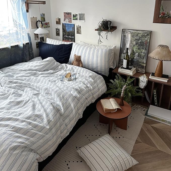 mixinni Vintage Blue & White Striped Duvet Cover Set - 3 Piece 100% Washed Cotton Twin Size Bedding | Minimalist Relaxed Style | Ultra Soft Breathable, with Zipper Closure & Corner Ties-Twin Size
