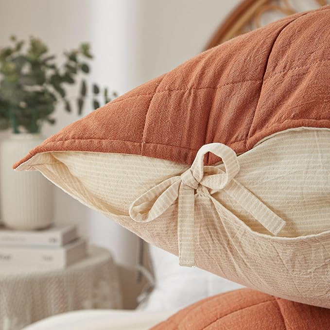 Burnt Orange Twin Quilt, Cotton Linen Twin Quilt Bedding Set,2-Pieces Quilted with Cream Stripe Coverlet Lightweight Bedding Comforters with 1 Pillow Sham