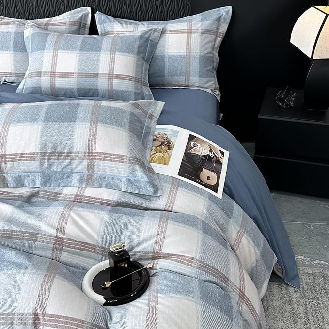 LifeTB Blue White Plaid Duvet Cover King Modern Soft Cotton Brushed Duvet Cover Geometric Plaid Comforter Cover Farmhouse Buffalo Grid Duvet Cover with 2 Pillowcases for Men Women