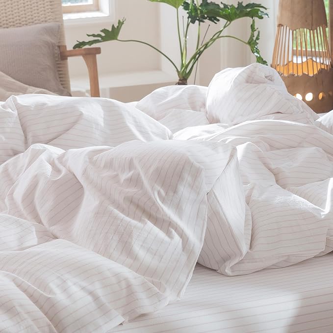 MooMee Striped Duvet Cover Set 100% Washed Cotton Linen Like Textured Breathable Durable Soft Comfy (White Heathered Greyish Pink Wide Stripes, Queen 90"x90")