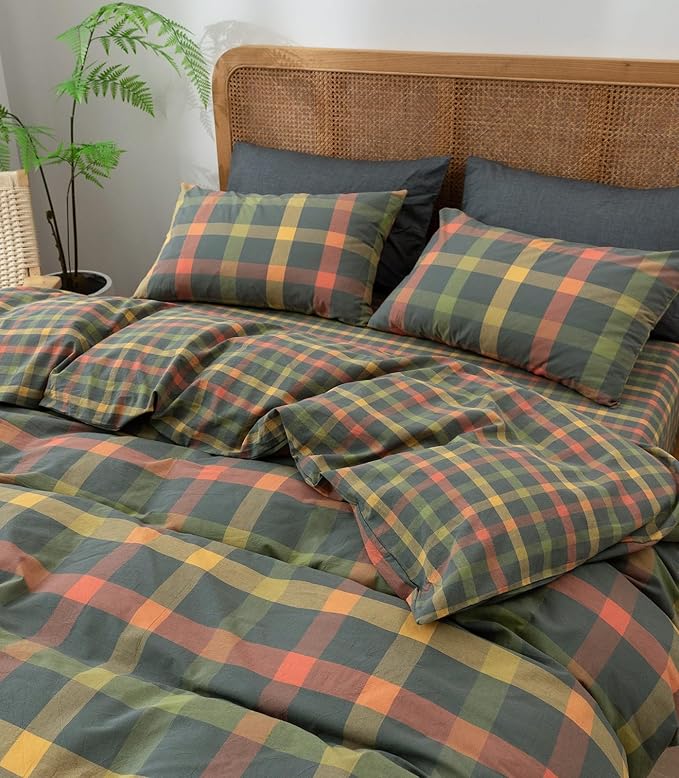 VM VOUGEMARKET Washed Cotton Bedding Set King Colorful Plaid Duvet Cover Set 3 Pieces Orange Grey Green Grid Duvet Cover with Zipper Ties for Men Women-104x90 Inch