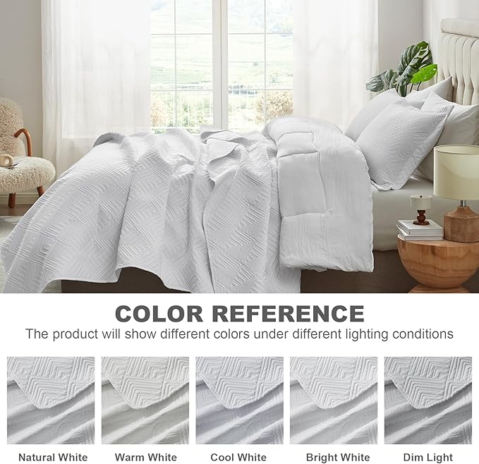 Hansleep White Quilt King Size - Geometric Ultrasonic All Season Bedspread King, Soft Lightweight Coverlet Bedding Set, 3 Pieces (1 Quilt, 2 Pillow Shams)
