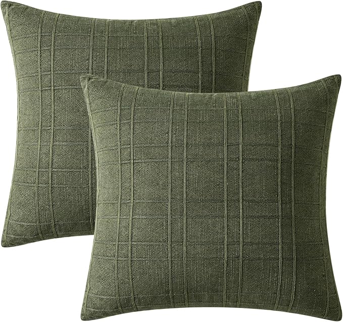 MIULEE Decorative Linen Check Euro Shams Throw Pillow Covers Neutral Farmhouse Vintage Spring Pillow Covers 24x24 Set of 2 Boho Modern Home Decor for Sofa Couch Bedroom Cushion Dark Olive Green