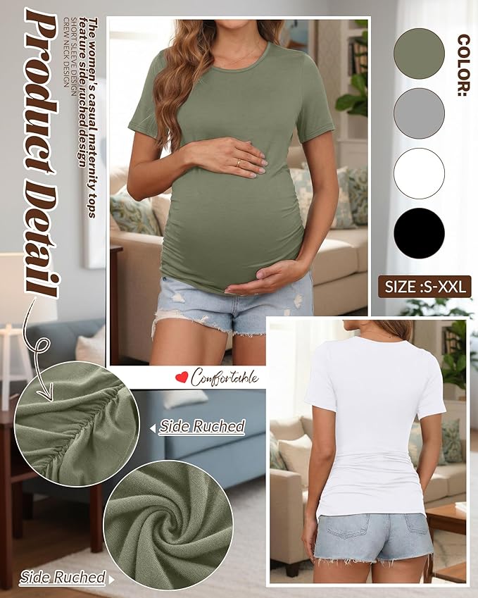 Huukeay 4 Pack Women's Maternity Shirts, Crew Neck Maternity Top Short Sleeve Casual Cotton Tee Side Ruched Pregnancy Clothes