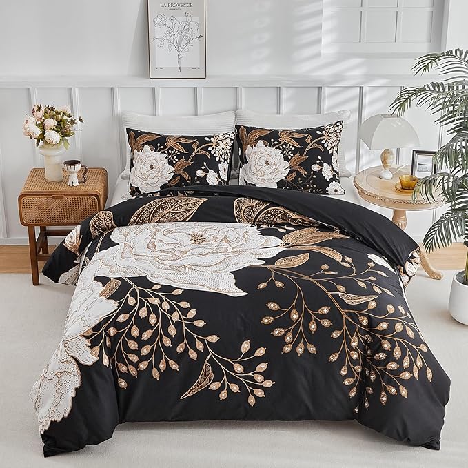 mixinni Black Floral Duvet Cover Full Size, 3 Pieces Garden Style Botanical Flowers Leaves Bedding Set, Soft Cotton Reversible Farmhouse Boho Duvet Cover and 2 Pillowcases for All Season-Full Size