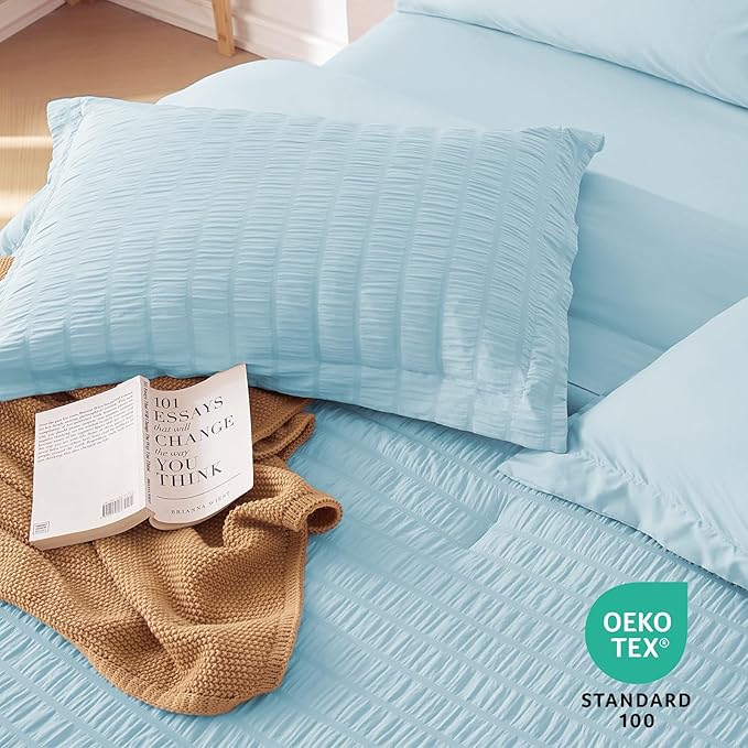 MUXHOMO 7 Pieces King Comforter Set, Seersucker Bed in a Bag King Size, All Season Luxury Bedding Set with Comforter, Flat Sheet, Fitted Sheet, Pillowcases & Shams, Lake Blue