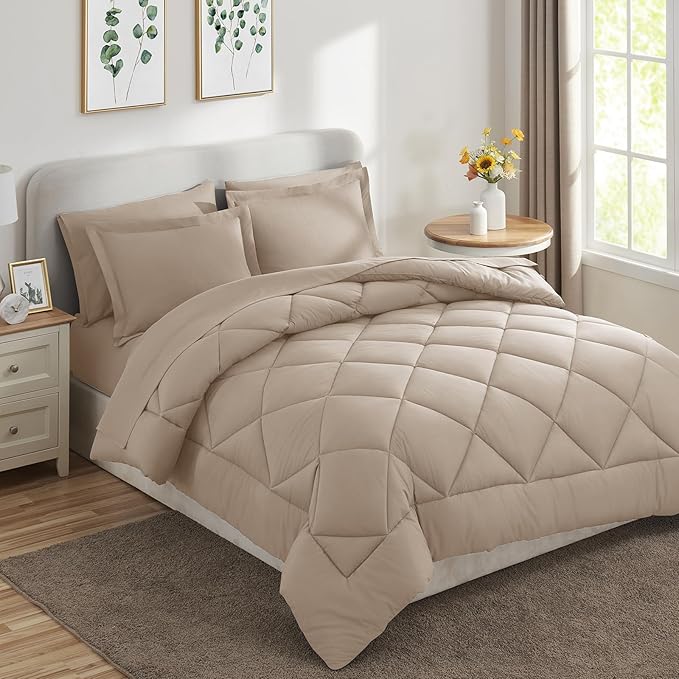 CozyLux Full Size Comforter Sets Wheat - 7 Pieces Bed in a Bag Full, Luxury Soft Bed Set for All Seasons, Bedding Set with Down Alternative Comforter, Sheets, Pillowcases & Shams