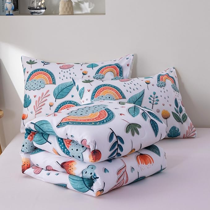 Btargot Lightweight Soft 3 Piece Rainbow Comforter Set with 2 Pillow Covers, Cartoon Leaves Flowers Bedding Set for Girls Boys Kids, Full Green