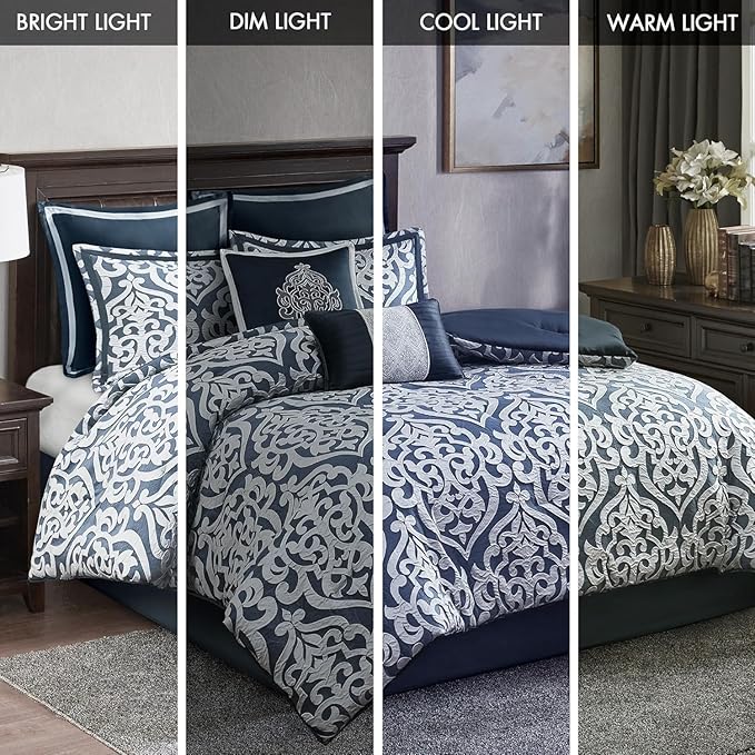 Madison Park Odette Cozy Comforter Set Jacquard Damask Medallion Design - Modern All Season, Down Alternative Bedding, Shams, Decorative Pillows, Queen(90 in x 90 in),Navy 8 Piece