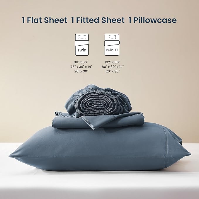 SLEEP ZONE Nanotex Super Soft Cooling Twin Bed Sheets Set for Kids 3 Piece - Easy Care Fitted Flat Sheet & Pillowcase Sets - Wrinkle Free, Fade Resistant, Deep Pocket 16" (Flint Blue, Twin)