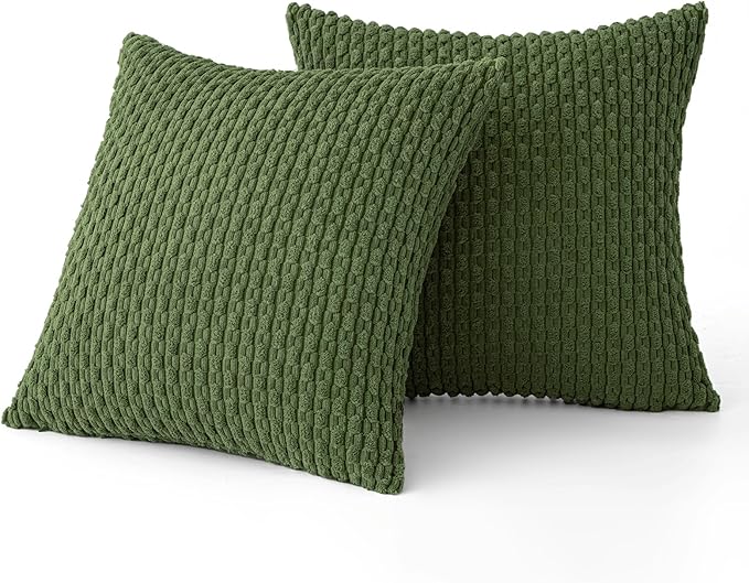 MIULEE Pack of 2 Decorative Throw Pillow Covers 18x18 Inch Soft Boho Striped Textured Corduroy Pillow Covers Modern Farmhouse Home Decor for Couch Bed Sofa Living Room Moss Green