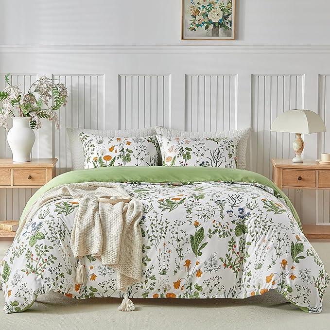 Lekesky King Size Duvet Cover Set, Lightweight Soft Microfiber Comforter Cover, Reversible Duvet Cover King with Floral Pattern, 3 Pieces Green Bedding Set with Zipper and 2 Pillowcases