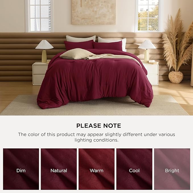 Bedsure Full Comforter Set, Dark Red Soft Prewashed Bedding for All Seasons, 3 Pieces GentleSoft™ Bed Set, 1 Lightweight Comforter (82"x86") and 2 Pillowcases (20"x26")