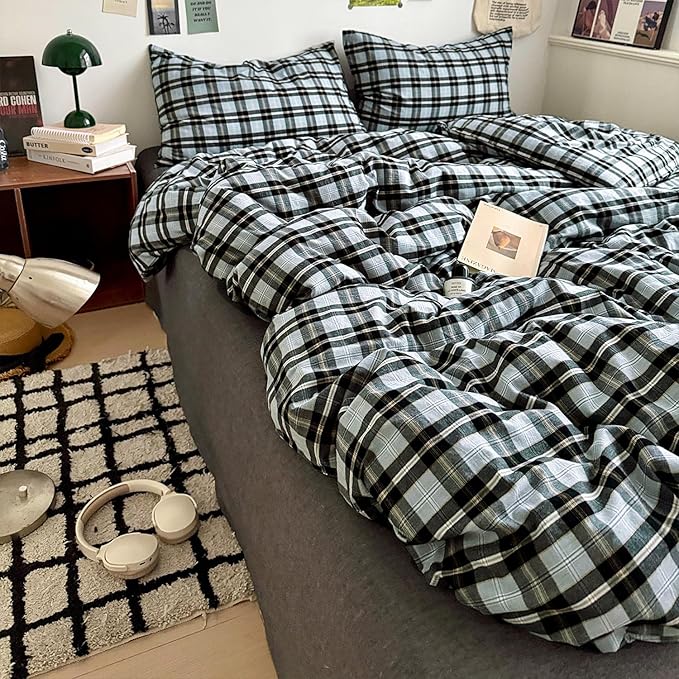 mixinni Vintage Grey & Pale Blue Buffalo Plaid Duvet Cover Set Queen Size - 3 Piece Washed Cotton Bedding Set with Grid Pattern, Soft & Breathable Duvet Cover with Pillowcases for Boys, Men& Women