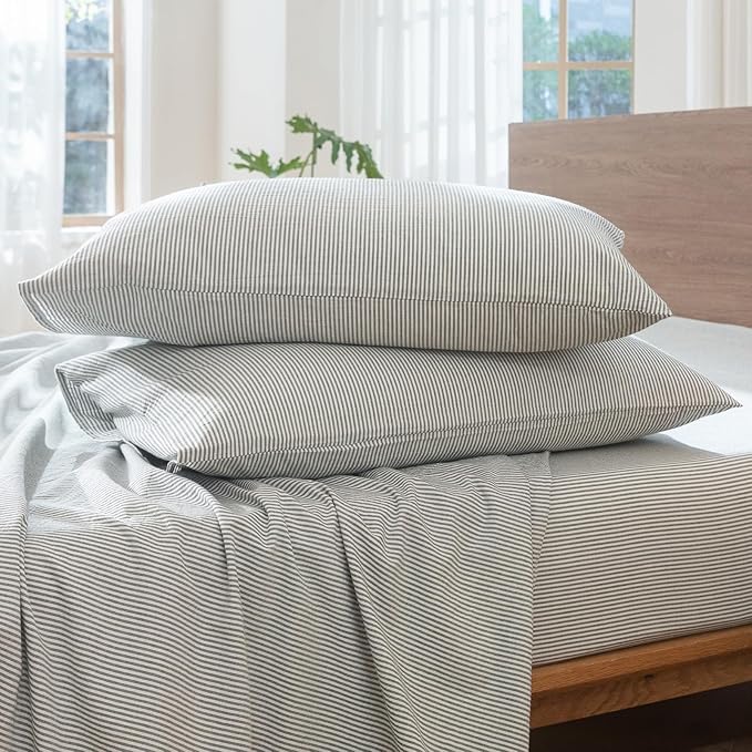 MooMee Striped Duvet Cover Set 100% Washed Cotton Linen Like Textured Breathable Durable Soft Comfy (Heathered Green Pinstripes, Oversized Queen 98"x98")