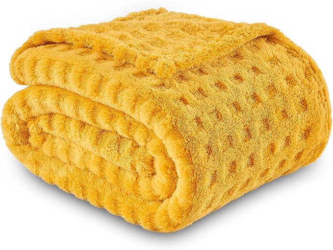 NEWCOSPLAY Super Soft Twin Blanket Yellow Premium Silky Flannel Fleece 3D Waffle Checkered Lightweight Bed Blanket All Season Use (Mustard Yellow, Twin(60"x80"))